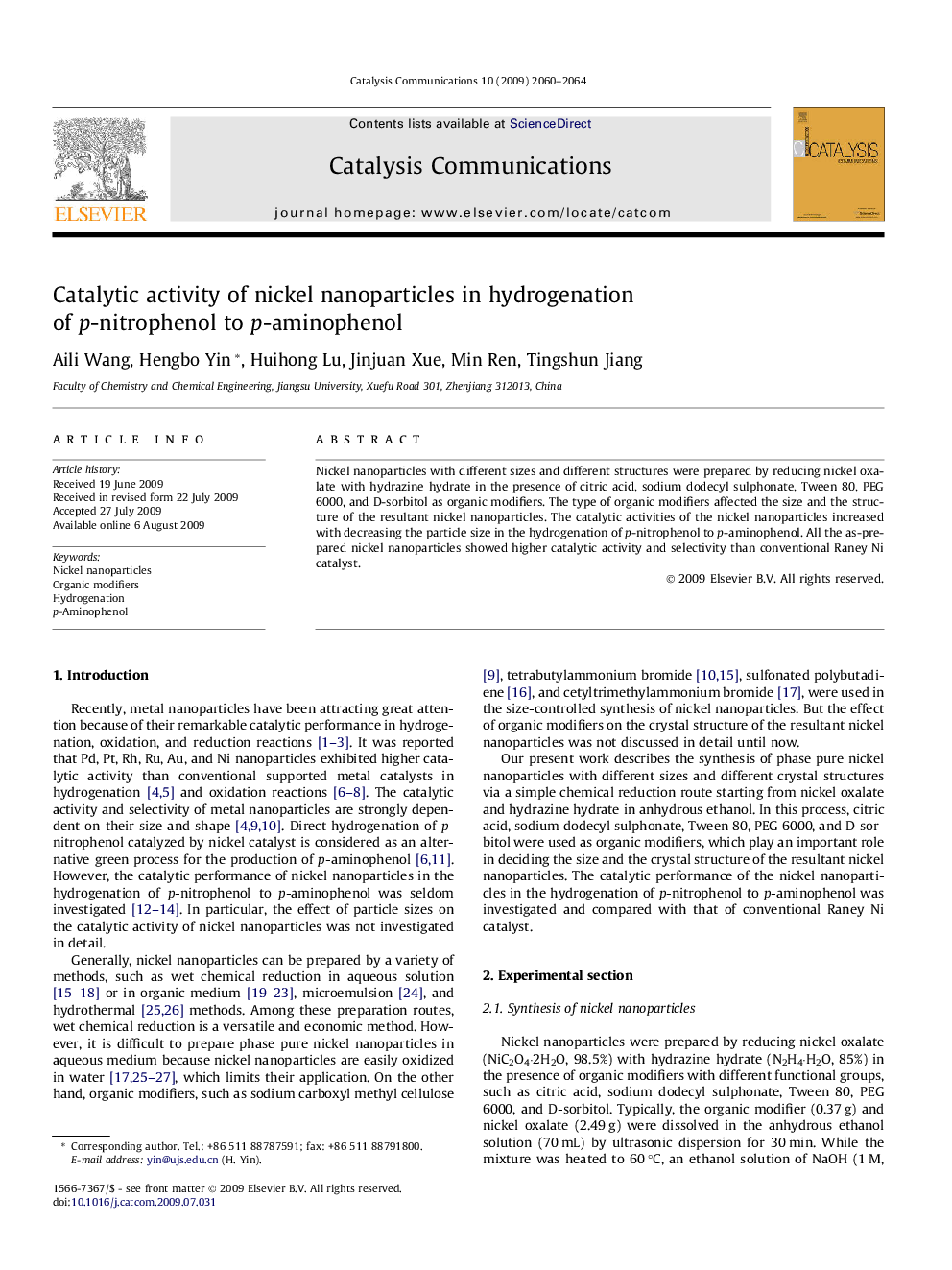 عکس صفحه اول مقاله: Catalytic activity of nickel nanoparticles in hydrogenation of p-nitrophenol to p-aminophenol Catalytic activity of nickel nanoparticles in hydrogenation of p-nitrophenol to p-aminophenol