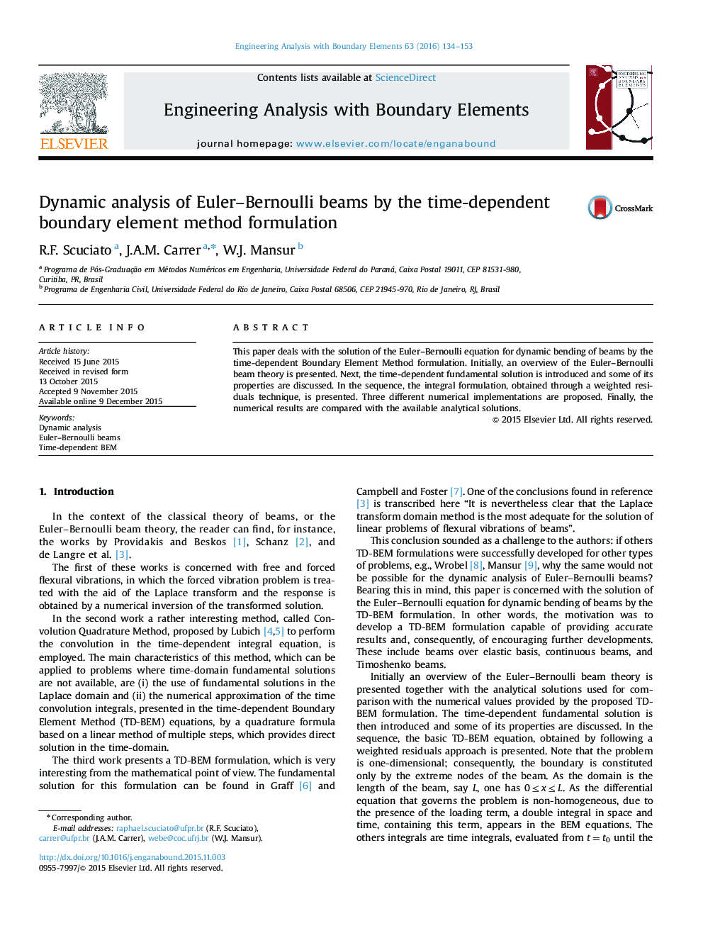 Dynamic analysis of Euler–Bernoulli beams by the time-dependent boundary element method formulation