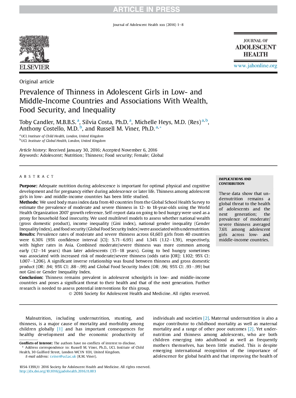 Prevalence of Thinness in Adolescent Girls in Low- and Middle-Income Countries and Associations With Wealth, FoodÂ Security, and Inequality