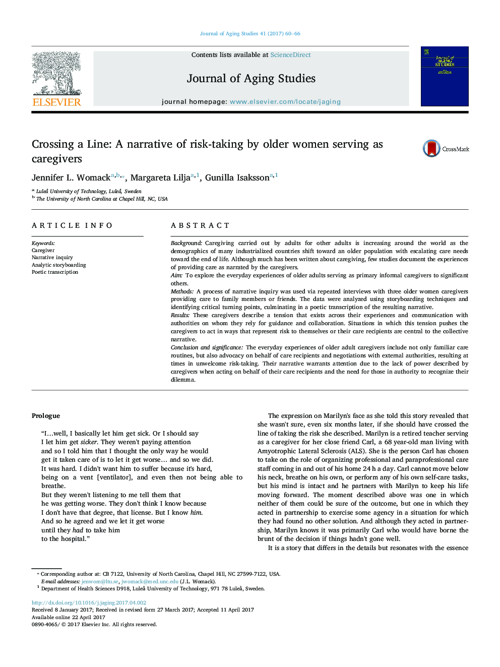 Crossing a Line: A narrative of risk-taking by older women serving as caregivers