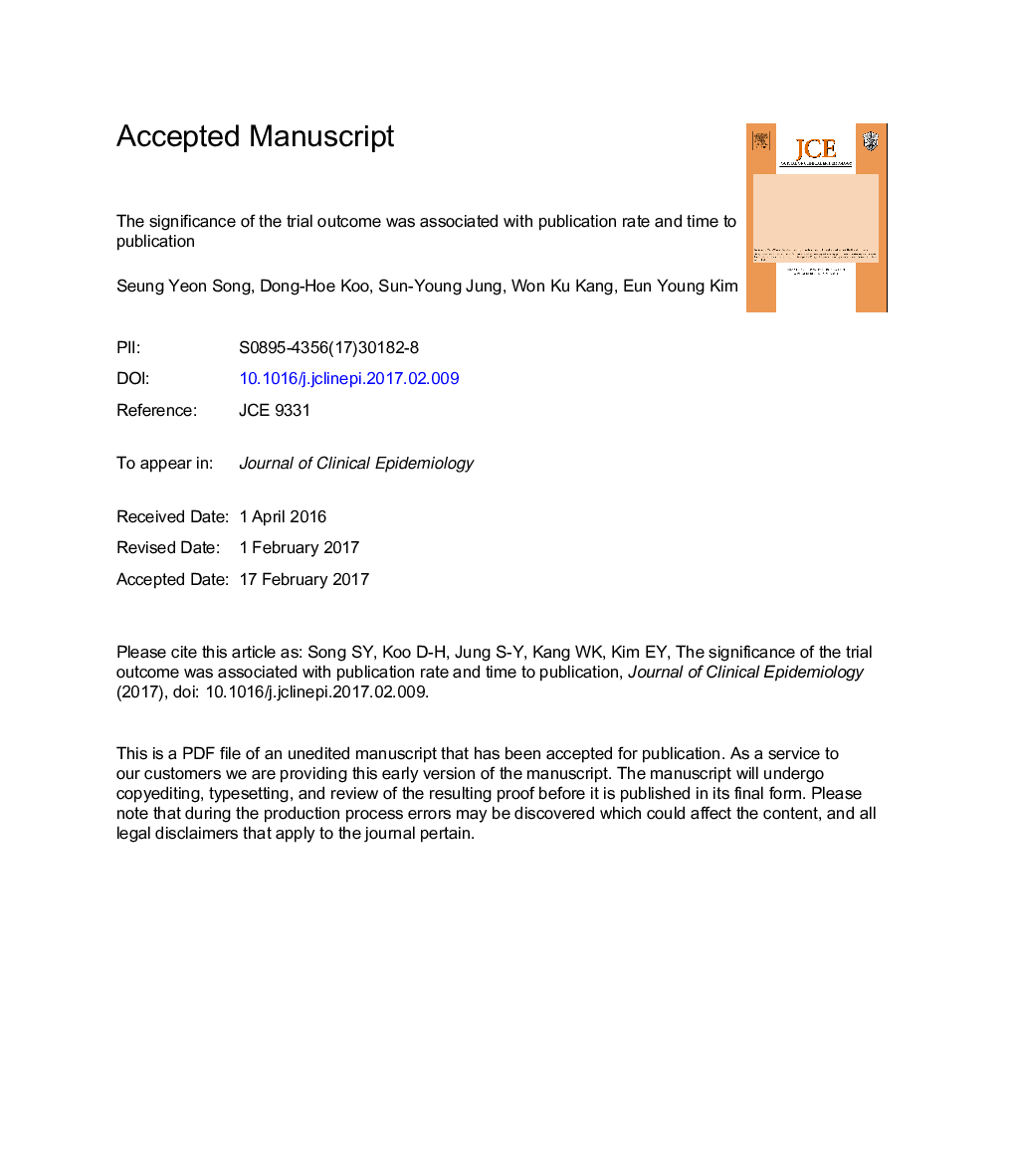 The significance of the trial outcome was associated with publication rate and time to publication