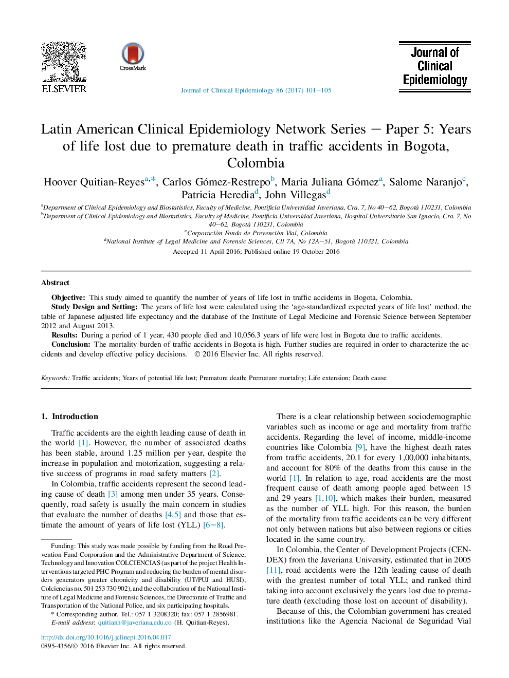 سریال شبکه اپیدمیولوژی بالینی آمریکای لاتین - مقاله 5: سال های زندگی از دست رفته به علت مرگ زود هنگام در حوادث ترافیکی در بوگوتا، کلمبیا 