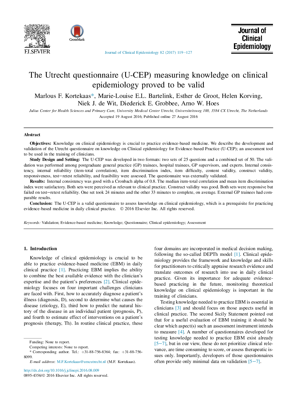 The Utrecht questionnaire (U-CEP) measuring knowledge on clinical epidemiology proved to be valid