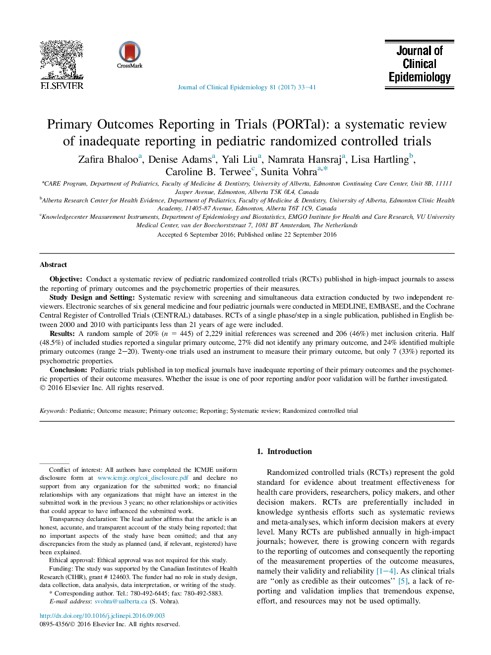 Primary Outcomes Reporting in Trials (PORTal): a systematic review of inadequate reporting in pediatric randomized controlled trials