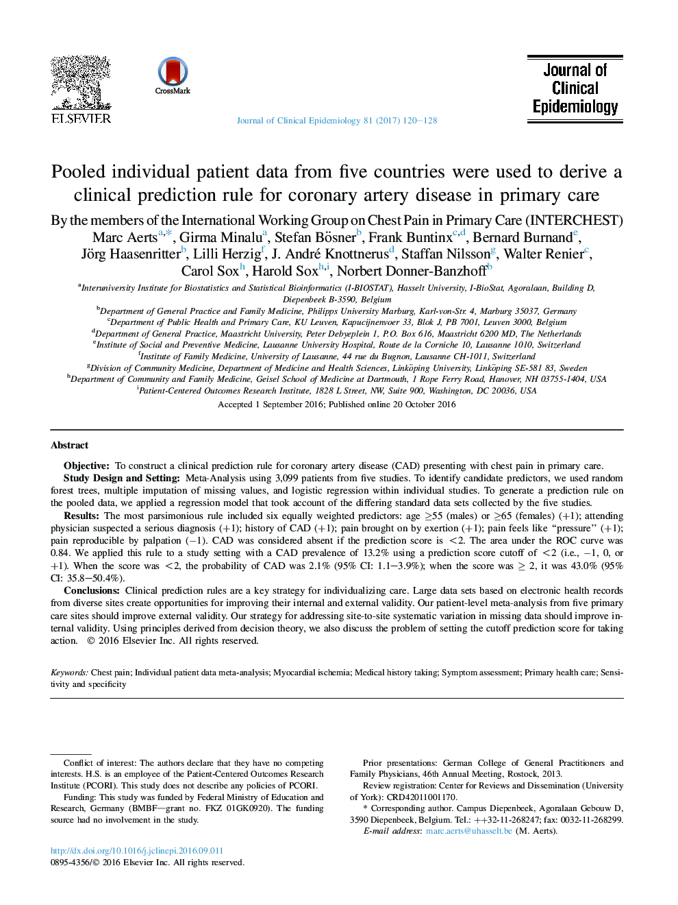 Pooled individual patient data from five countries were used to derive a clinical prediction rule for coronary artery disease in primary care