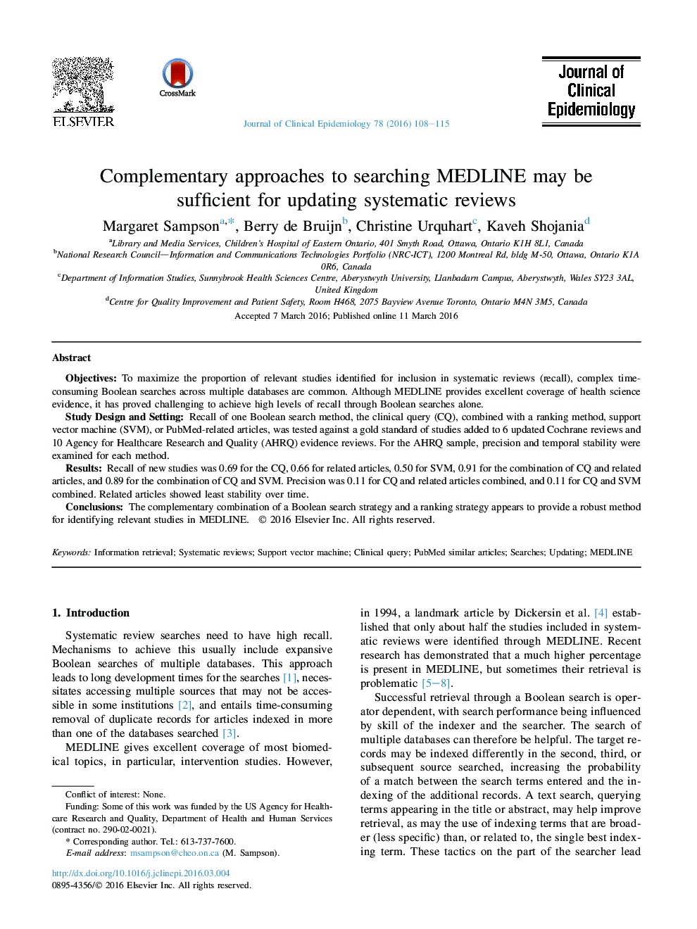 Original ArticleComplementary approaches to searching MEDLINE may be sufficient for updating systematic reviews