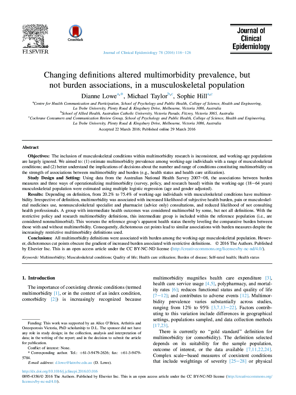 Changing definitions altered multimorbidity prevalence, but not burden associations, in a musculoskeletal population