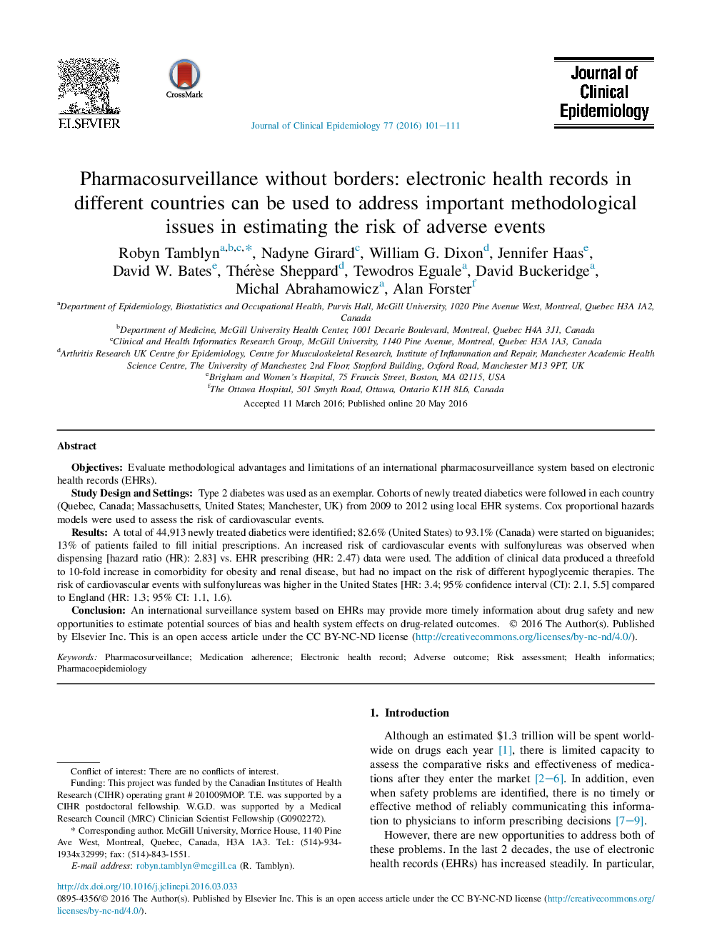 Pharmacosurveillance without borders: electronic health records in different countries can be used to address important methodological issues in estimating the risk of adverse events