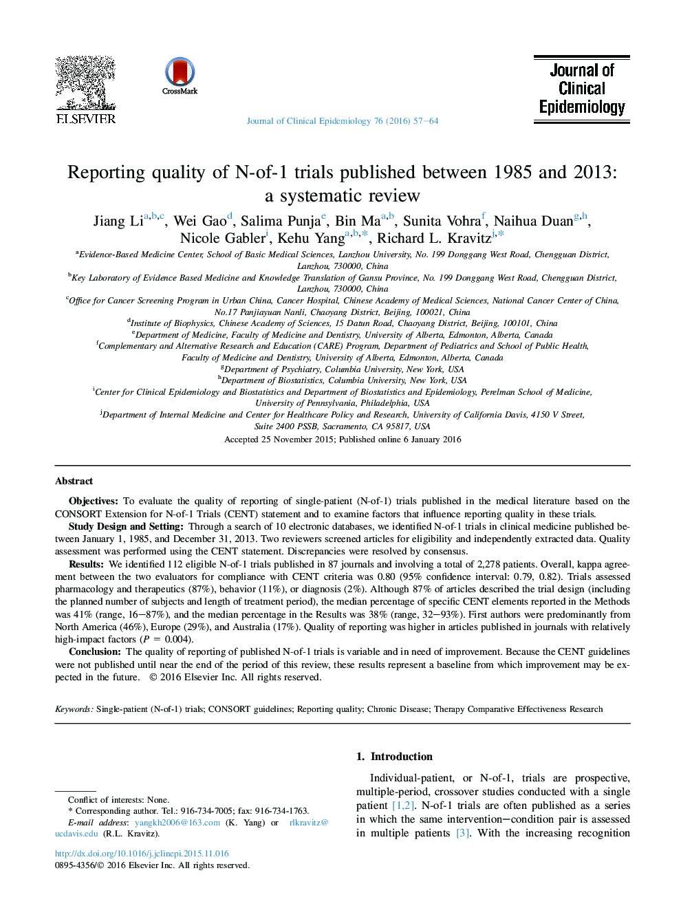 Reporting quality of N-of-1 trials published between 1985 and 2013: a systematic review