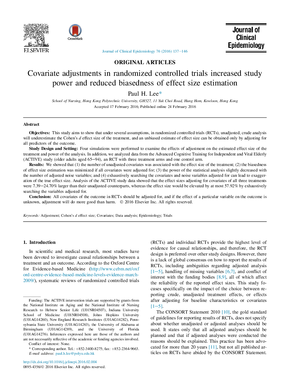 Covariate adjustments in randomized controlled trials increased study power and reduced biasedness of effect size estimation