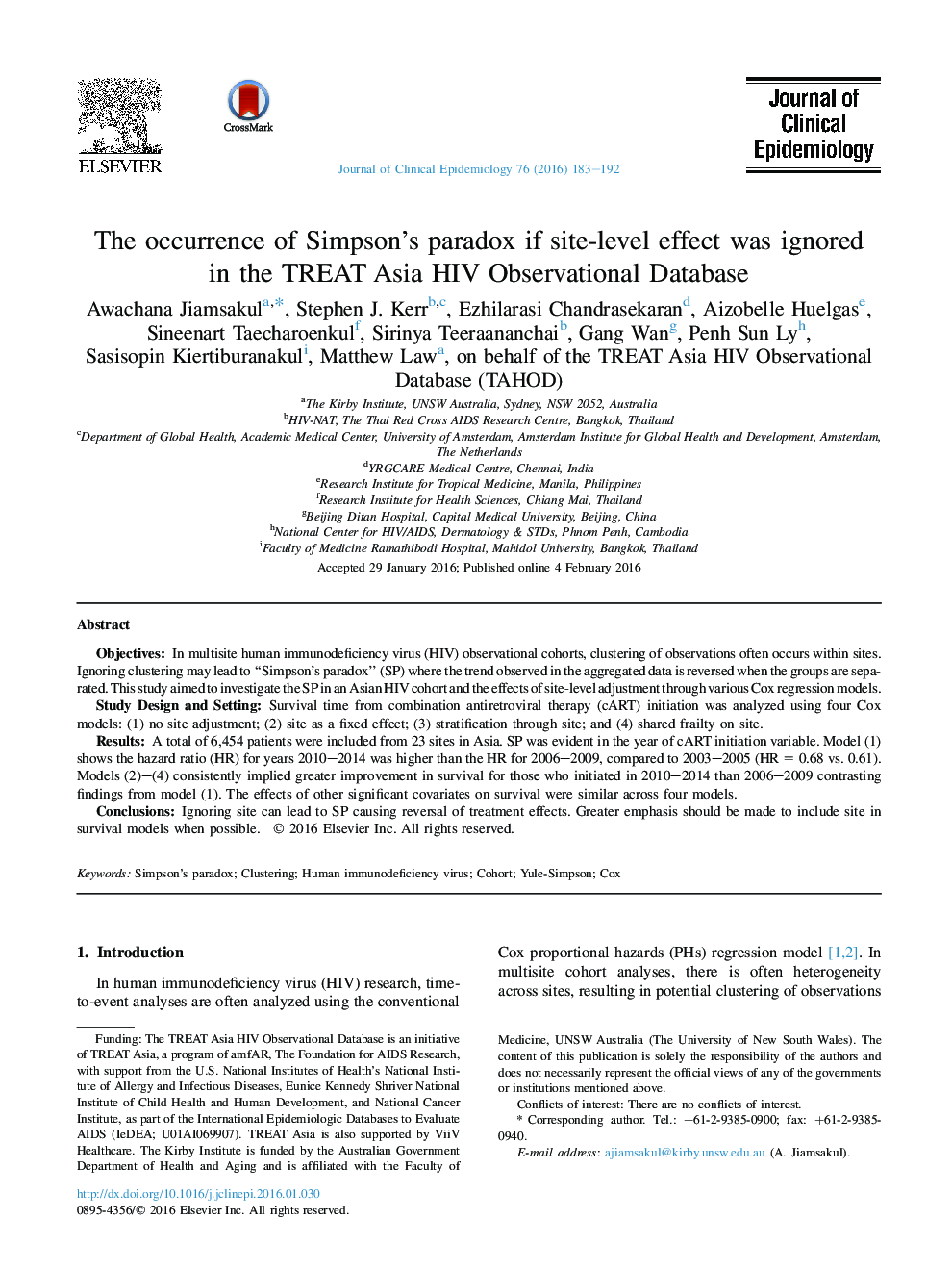 The occurrence of Simpson's paradox if site-level effect was ignored inÂ the TREAT Asia HIV Observational Database