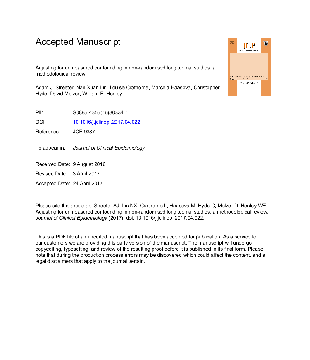 Adjusting for unmeasured confounding in nonrandomized longitudinal studies: a methodological review