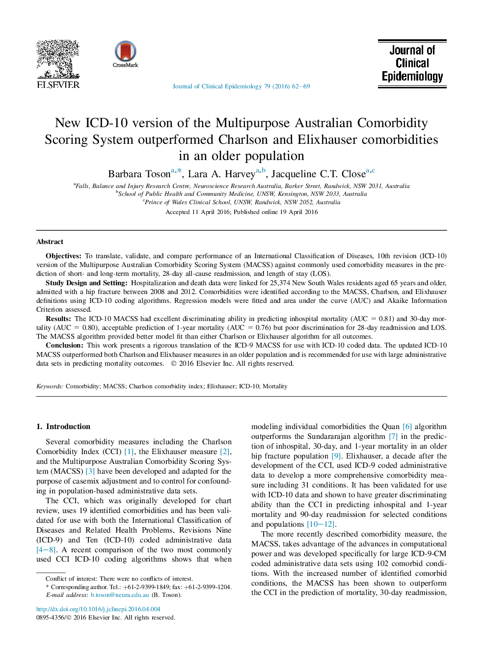 New ICD-10 version of the Multipurpose Australian Comorbidity Scoring System outperformed Charlson and Elixhauser comorbidities in an older population