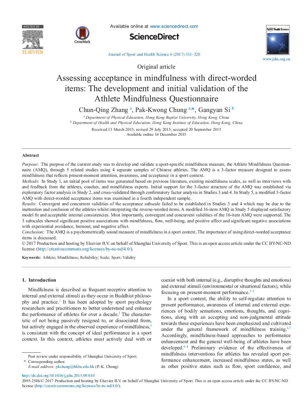 Assessing acceptance in mindfulness with direct-worded items: The development and initial validation of the Athlete Mindfulness Questionnaire