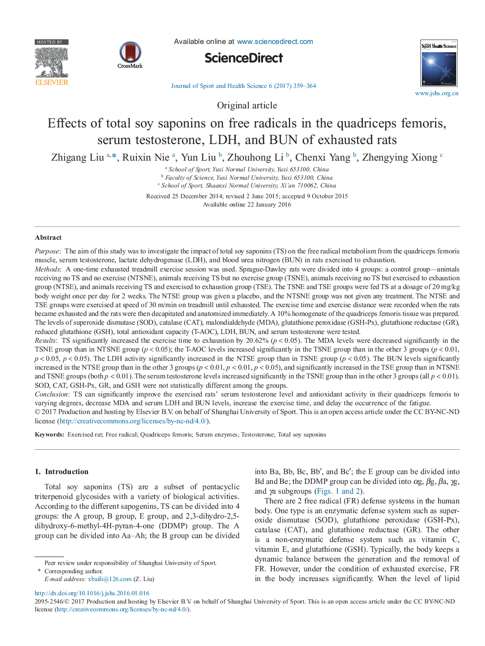 Effects of total soy saponins on free radicals in the quadriceps femoris, serum testosterone, LDH, and BUN of exhausted rats