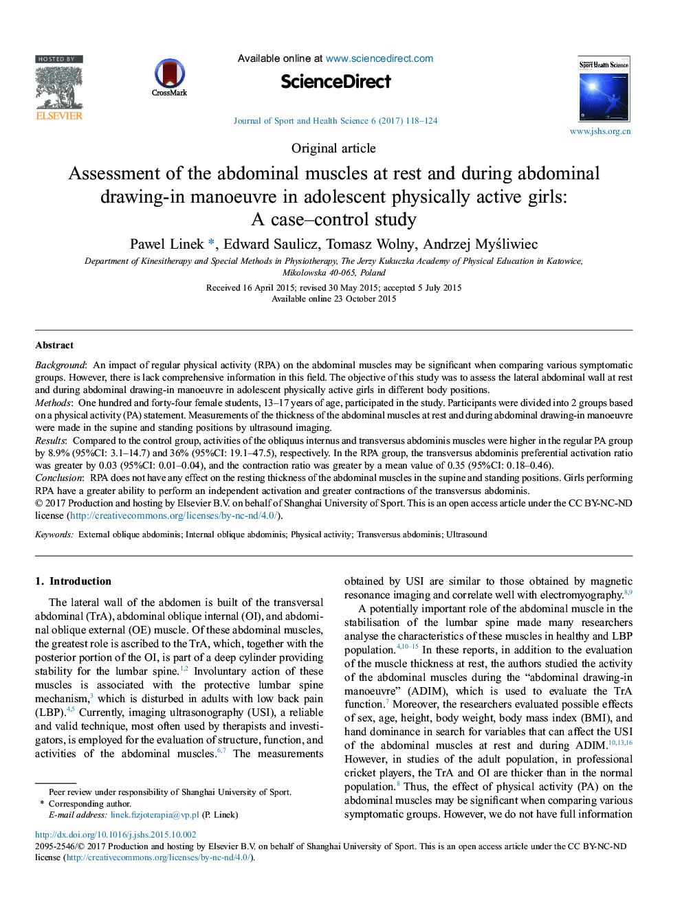 Assessment of the abdominal muscles at rest and during abdominal drawing-in manoeuvre in adolescent physically active girls: A case-control study