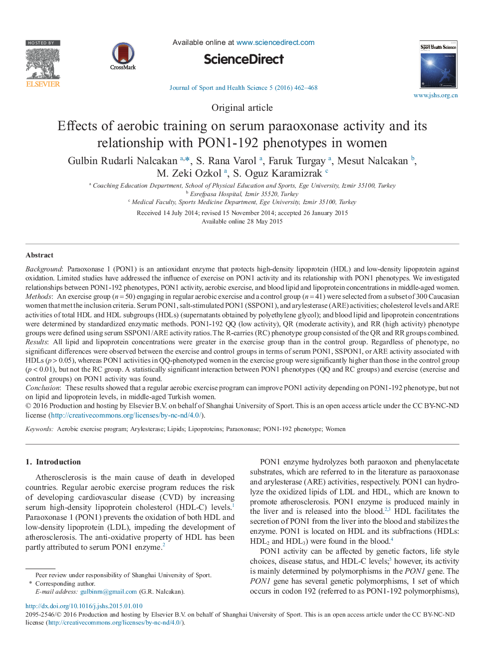 Effects of aerobic training on serum paraoxonase activity and its relationship with PON1-192 phenotypes in women