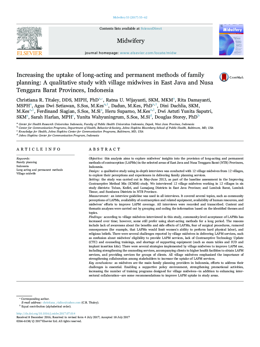 Increasing the uptake of long-acting and permanent methods of family planning: A qualitative study with village midwives in East Java and Nusa Tenggara Barat Provinces, Indonesia