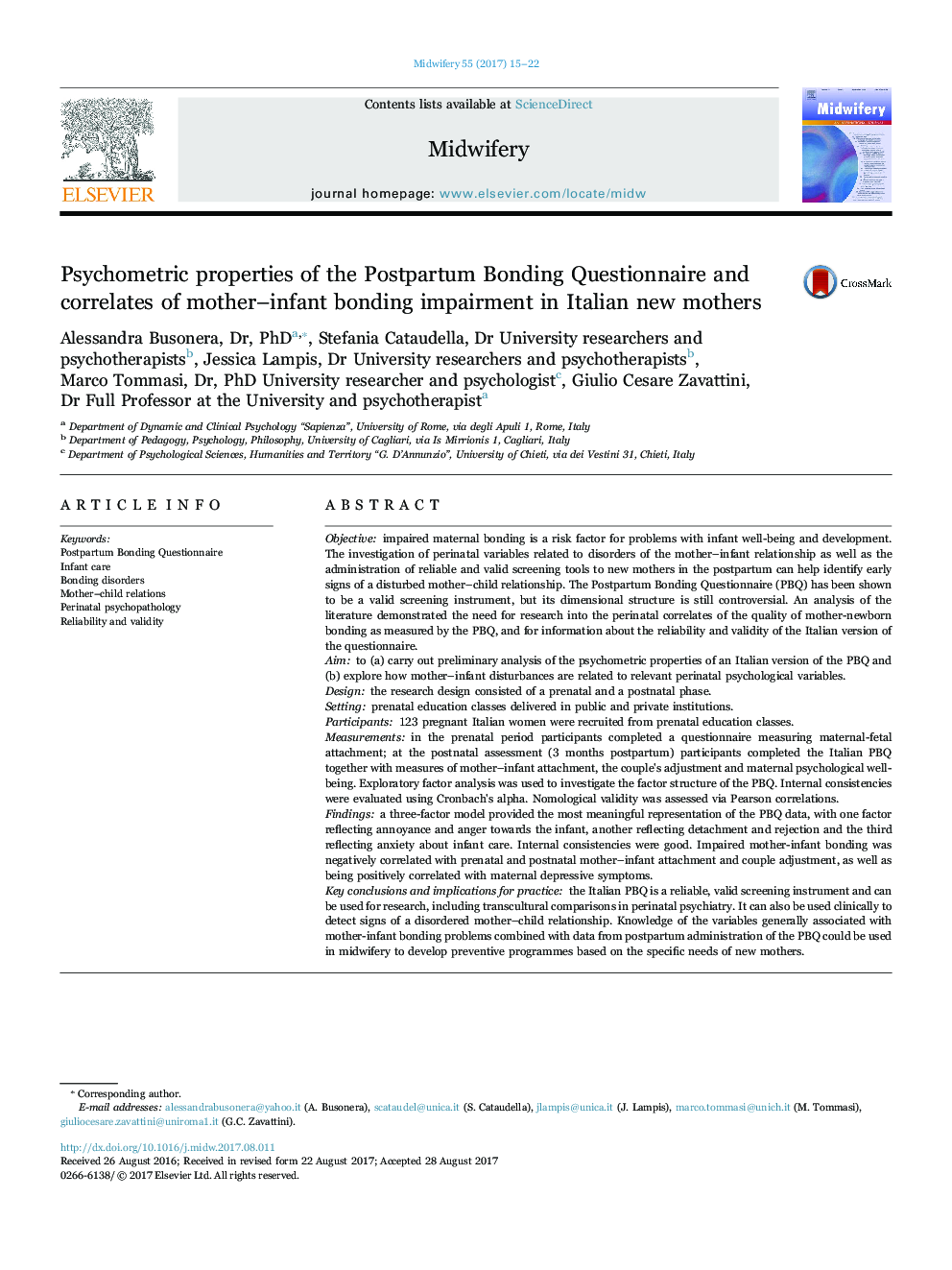 Psychometric properties of the Postpartum Bonding Questionnaire and correlates of mother-infant bonding impairment in Italian new mothers