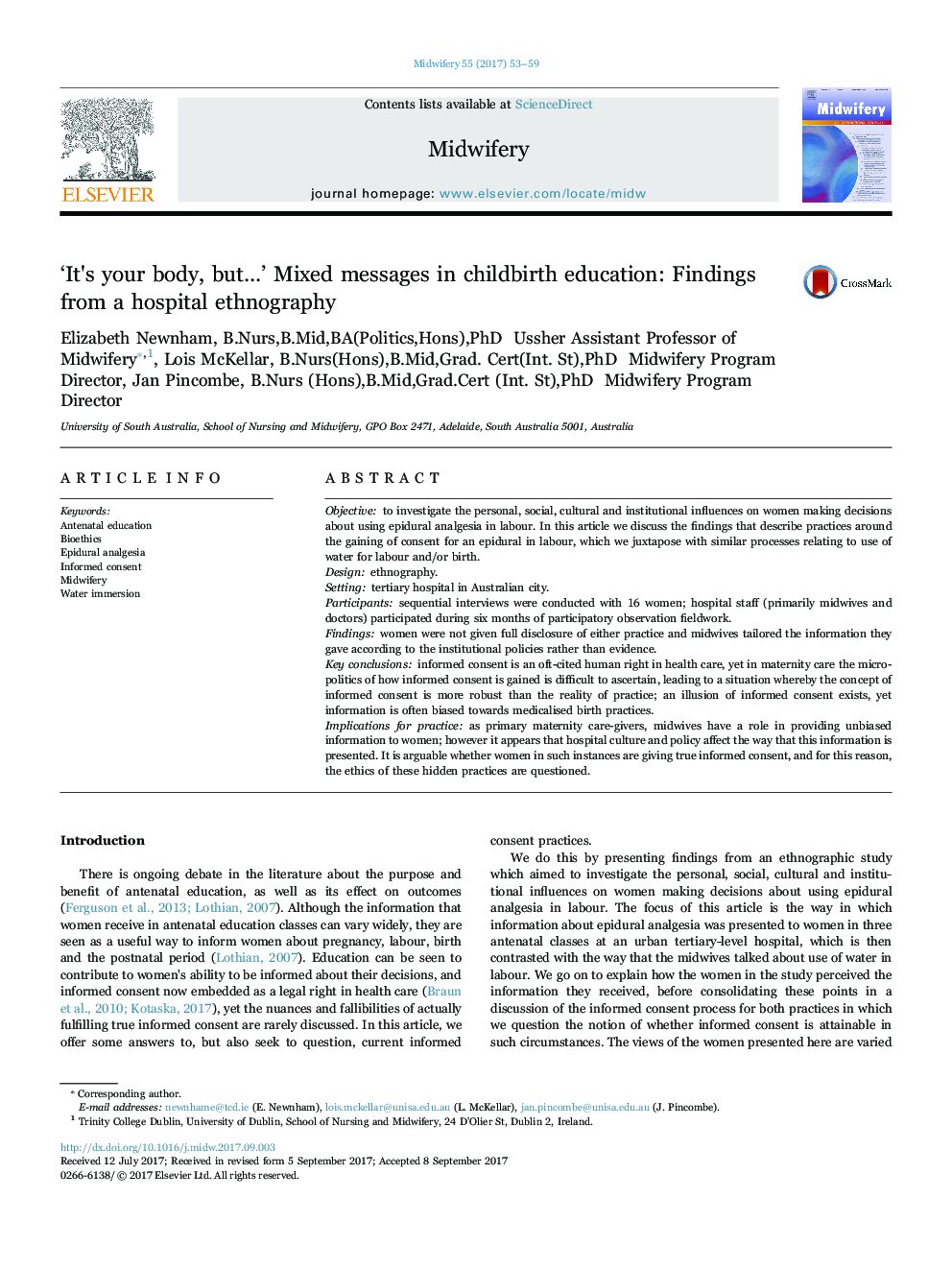 'It's your body, butâ¦' Mixed messages in childbirth education: Findings from a hospital ethnography