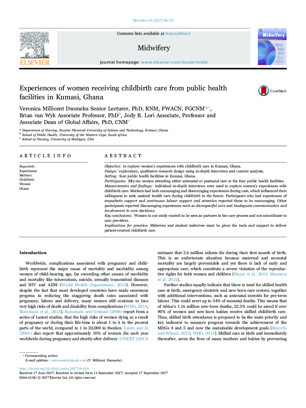 Experiences of women receiving childbirth care from public health facilities in Kumasi, Ghana