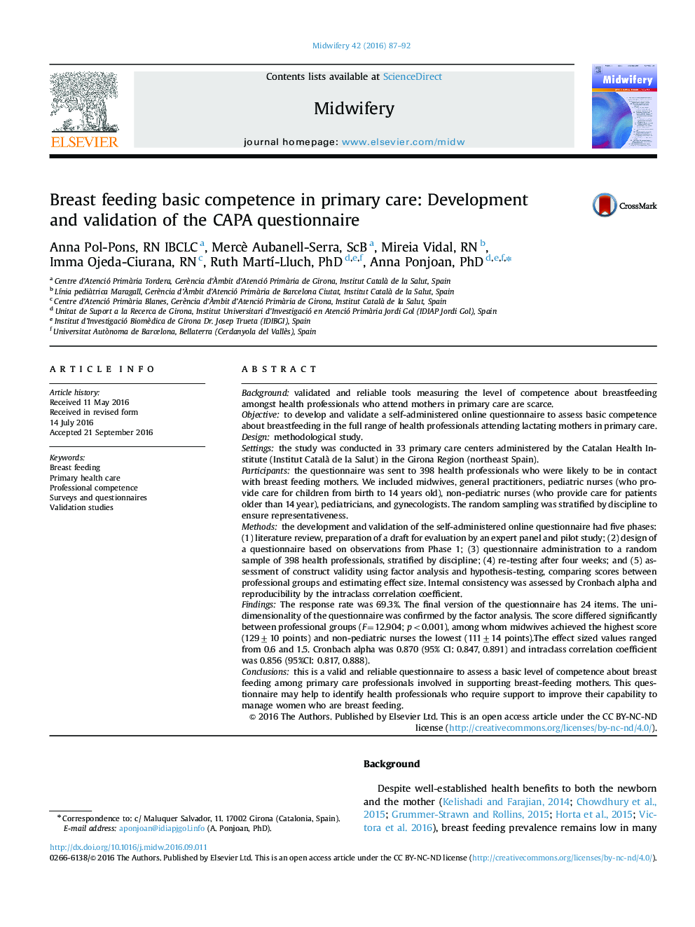 Breast feeding basic competence in primary care: Development and validation of the CAPA questionnaire