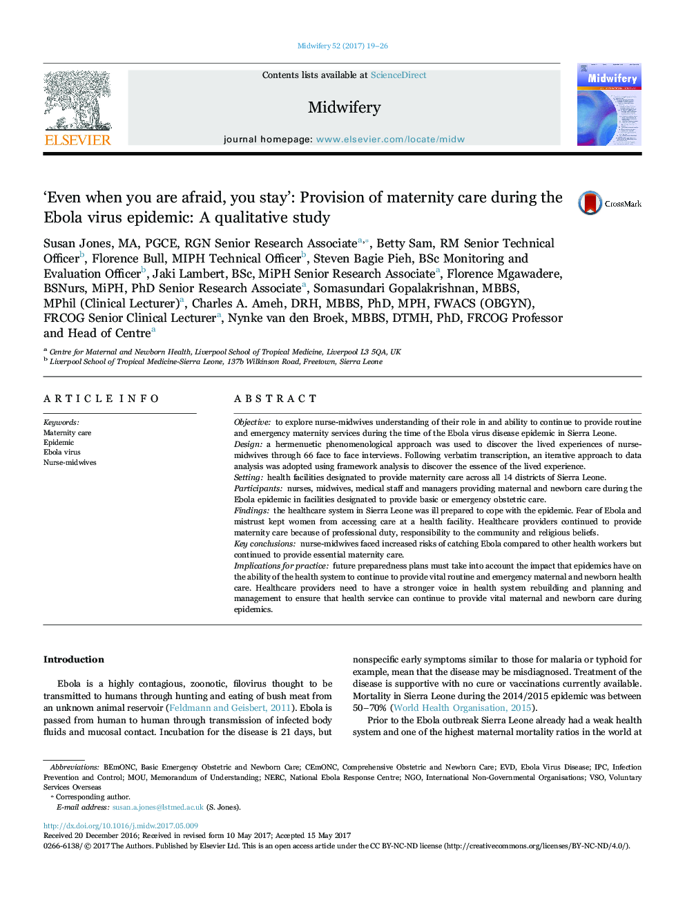 'Even when you are afraid, you stay': Provision of maternity care during the Ebola virus epidemic: A qualitative study