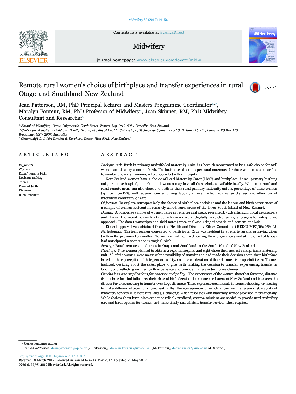 Remote rural women's choice of birthplace and transfer experiences in rural Otago and Southland New Zealand