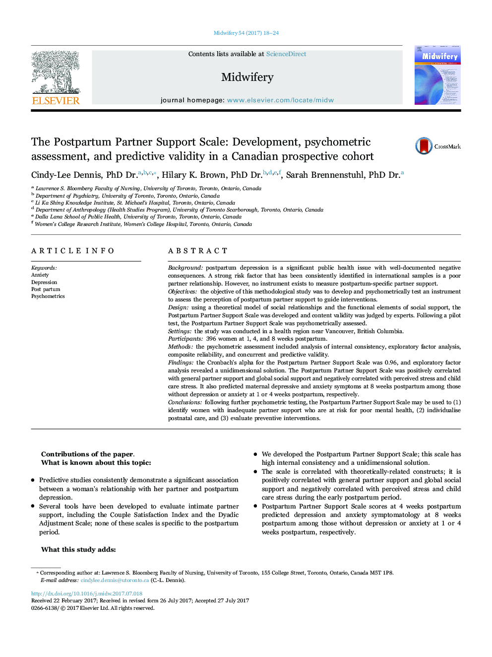 The Postpartum Partner Support Scale: Development, psychometric assessment, and predictive validity in a Canadian prospective cohort