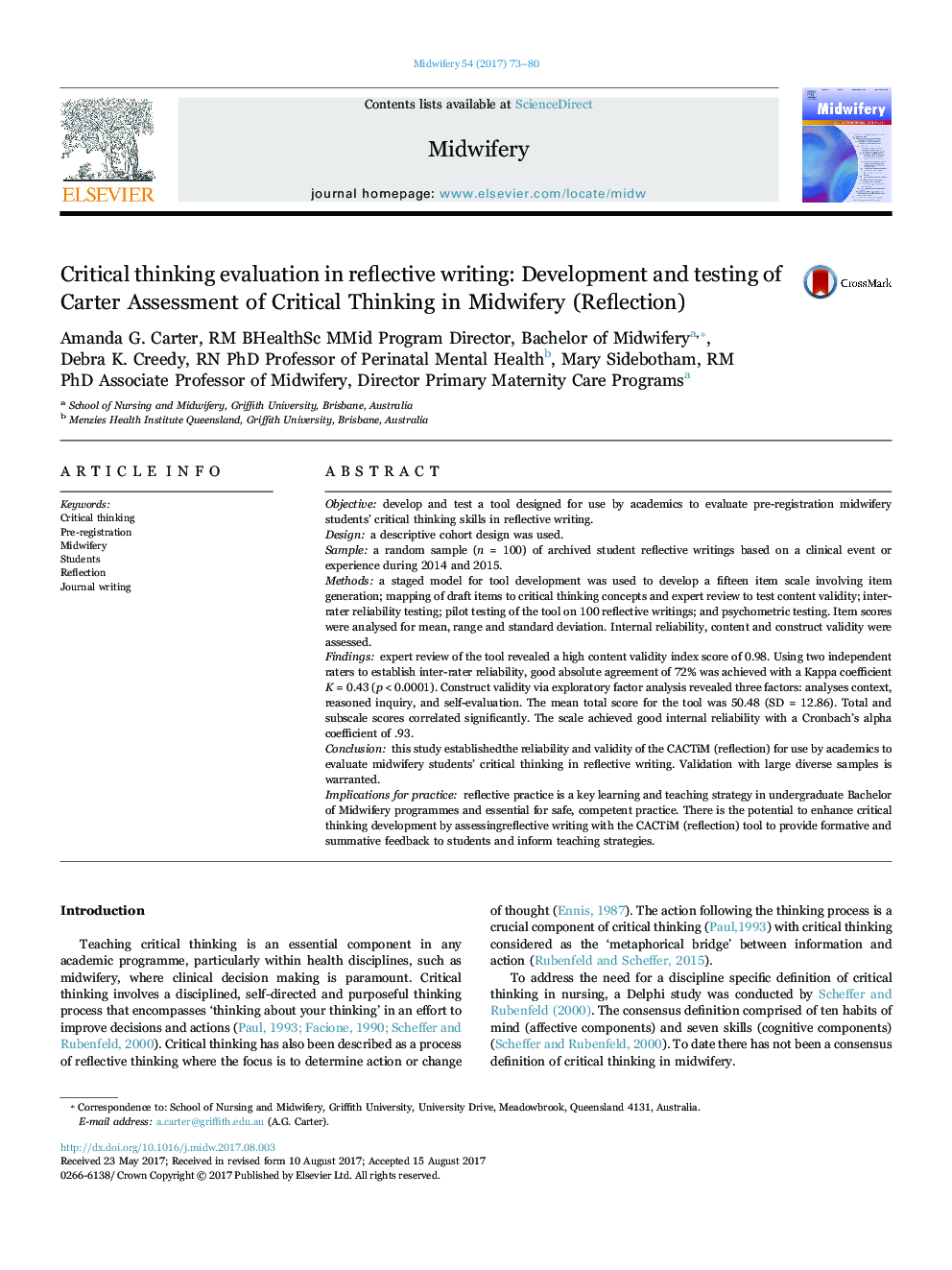 Critical thinking evaluation in reflective writing: Development and testing of Carter Assessment of Critical Thinking in Midwifery (Reflection)