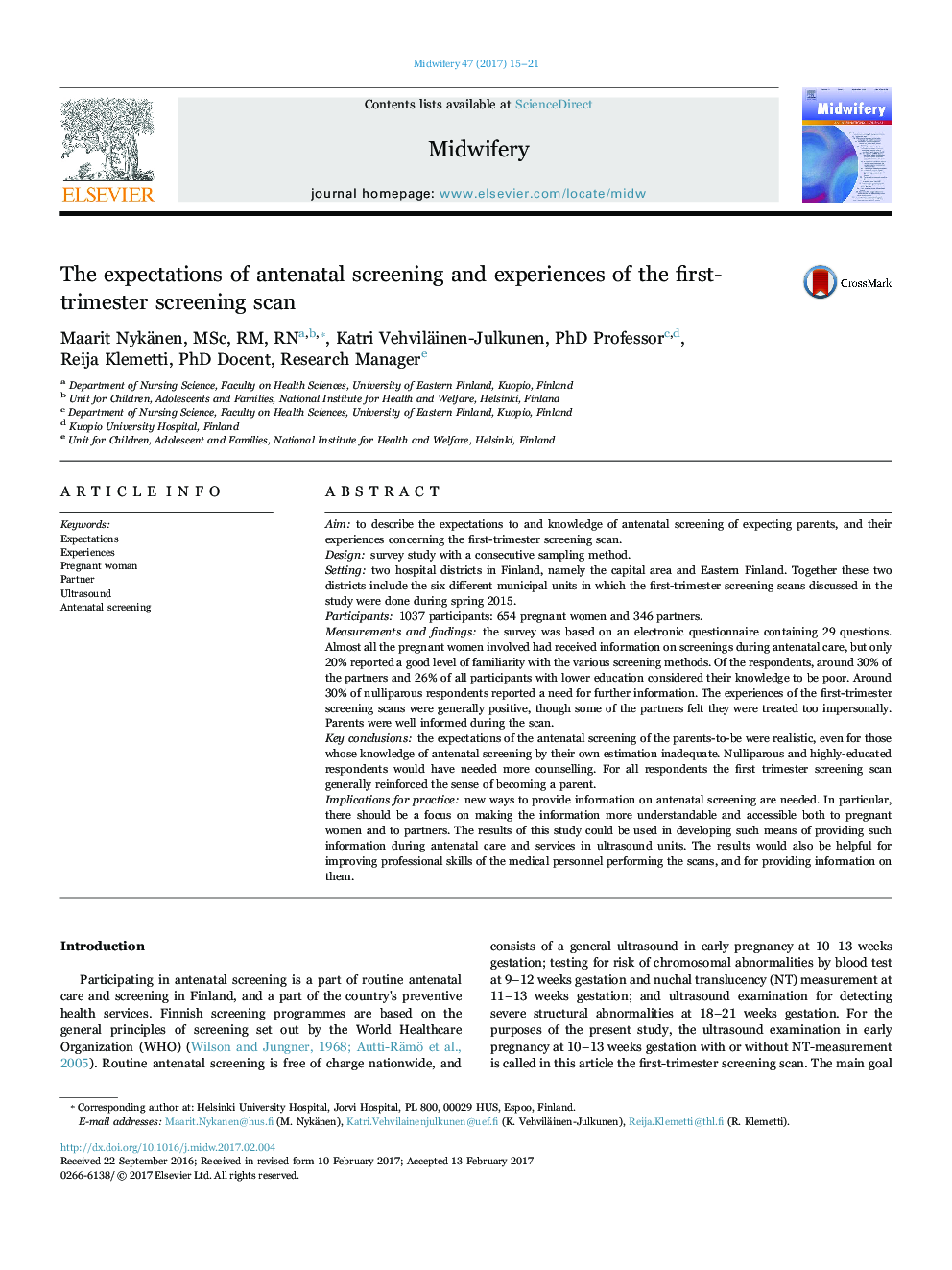 The expectations of antenatal screening and experiences of the first-trimester screening scan