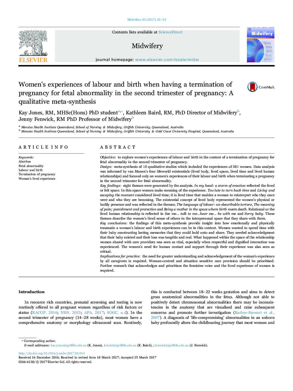 Women's experiences of labour and birth when having a termination of pregnancy for fetal abnormality in the second trimester of pregnancy: A qualitative meta-synthesis