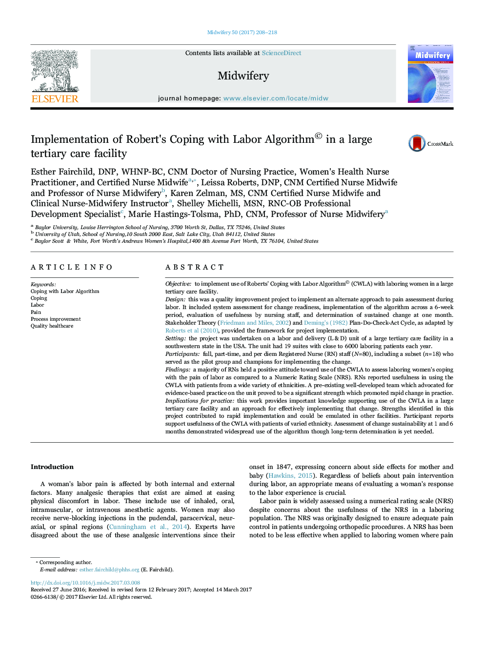 Implementation of Robert's Coping with Labor Algorithm© in a large tertiary care facility