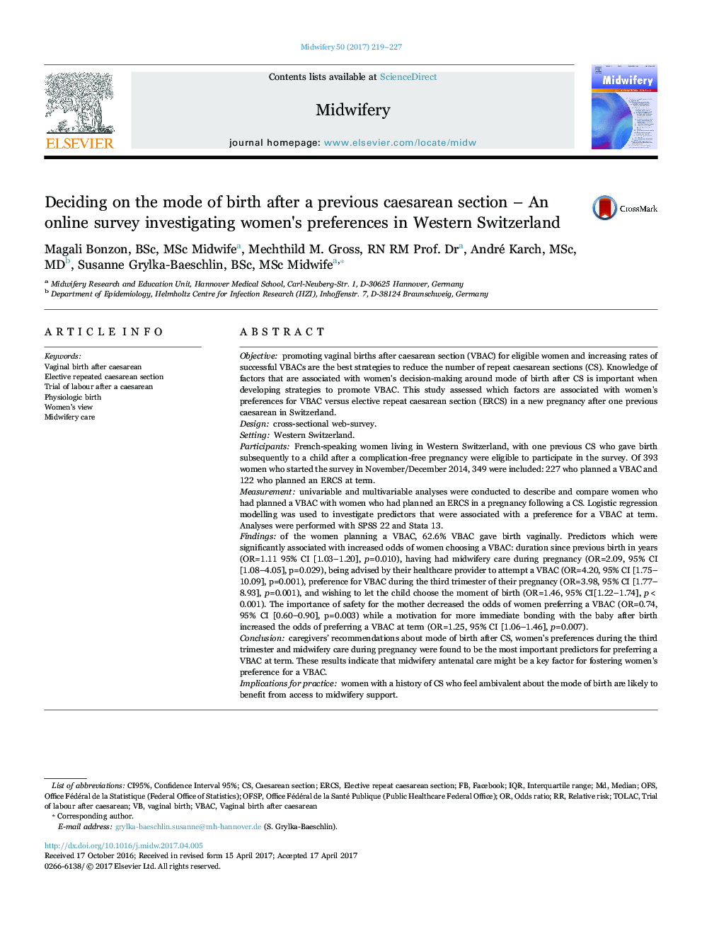 Deciding on the mode of birth after a previous caesarean section - An online survey investigating women's preferences in Western Switzerland