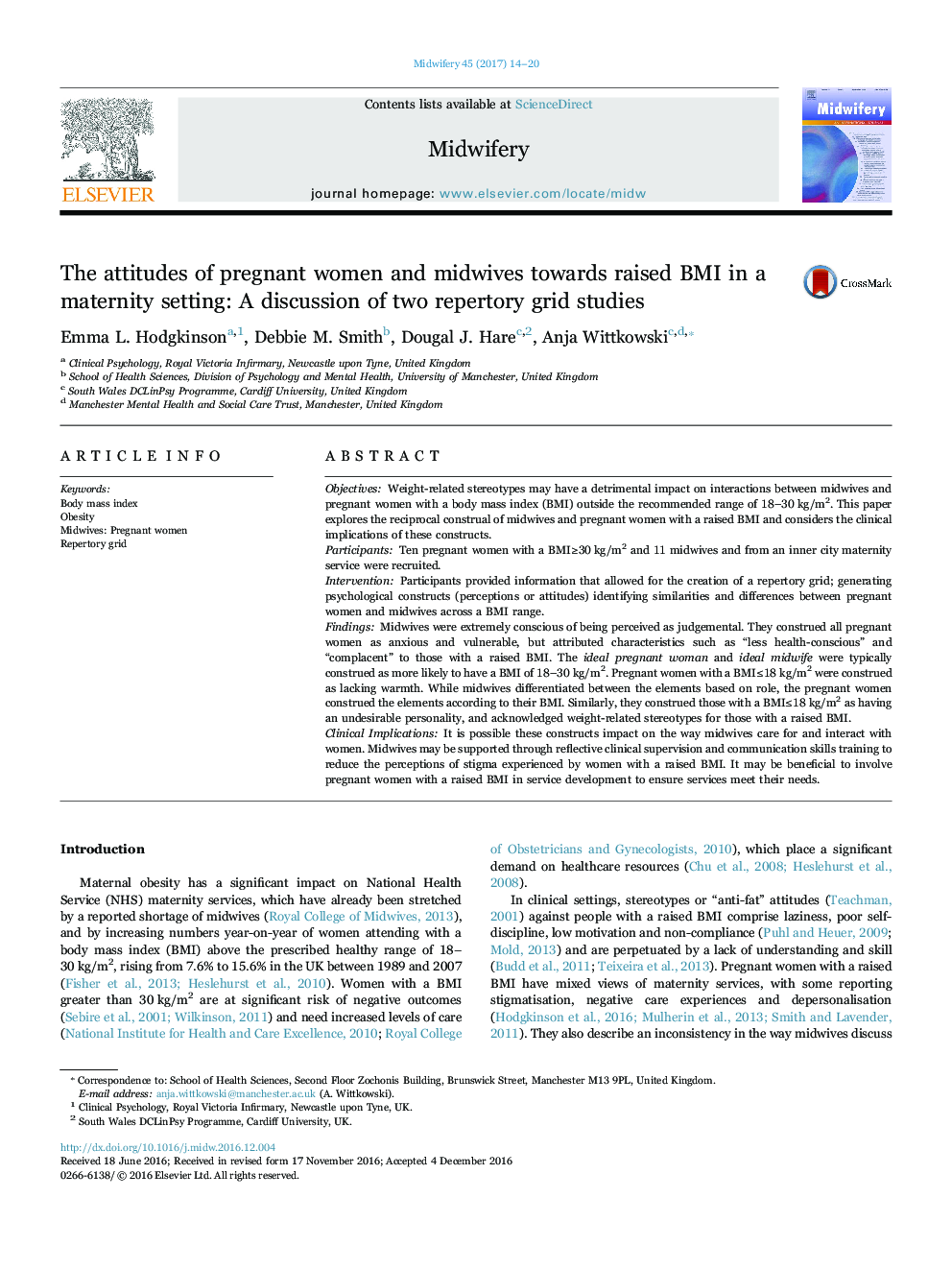 The attitudes of pregnant women and midwives towards raised BMI in a maternity setting: A discussion of two repertory grid studies