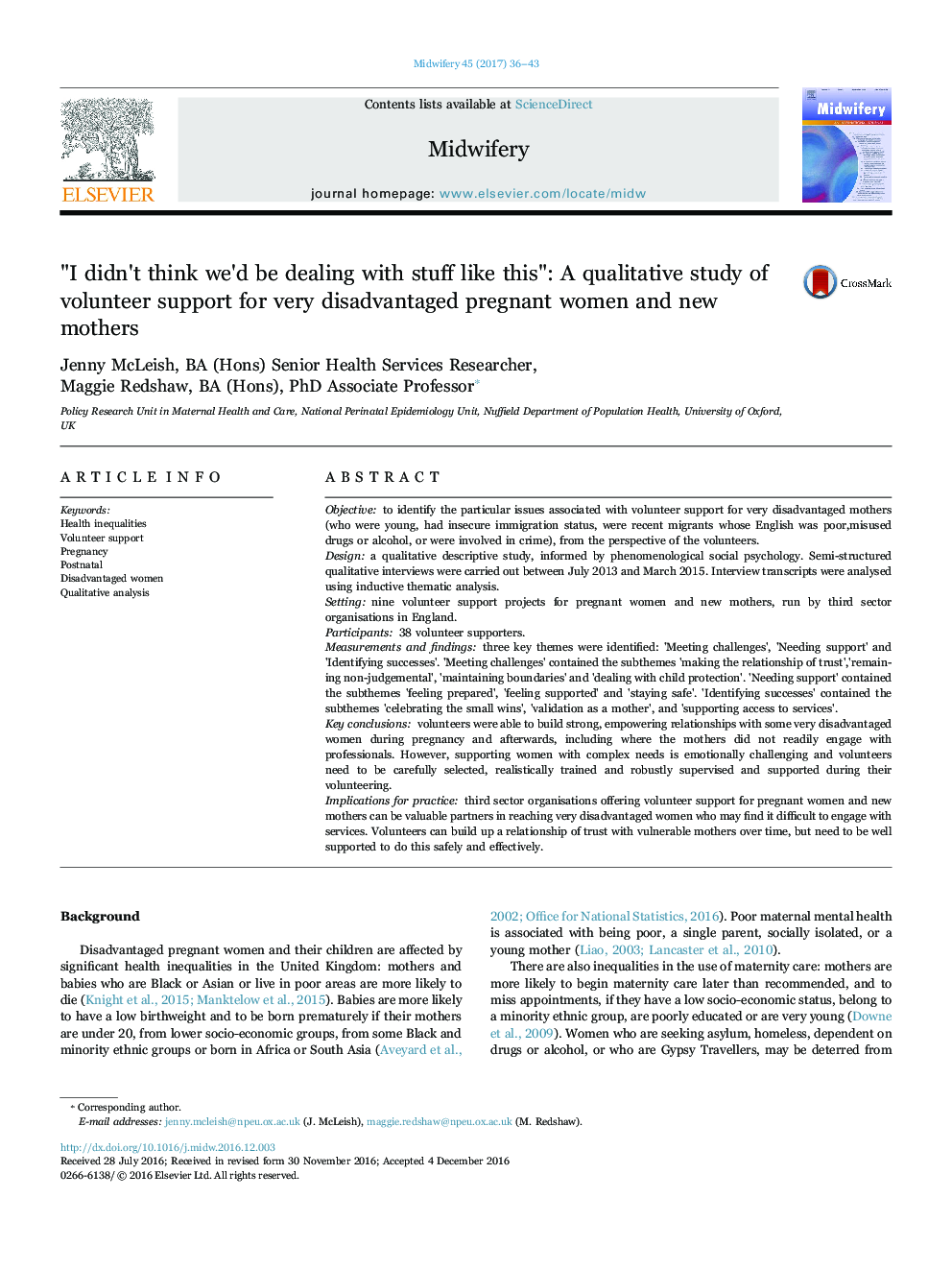 "I didn't think we'd be dealing with stuff like this": A qualitative study of volunteer support for very disadvantaged pregnant women and new mothers