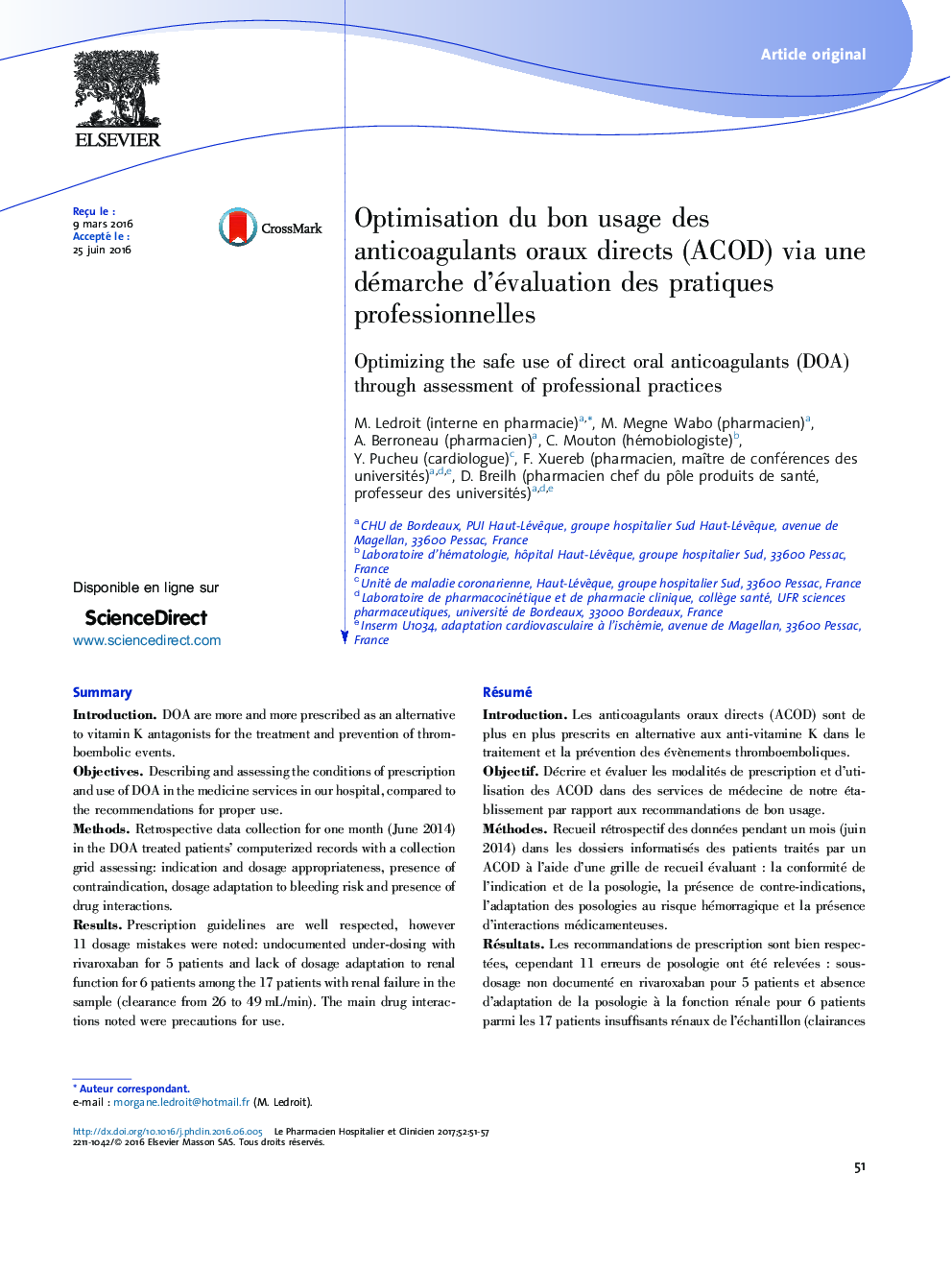 Optimisation du bon usage des anticoagulants oraux directs (ACOD) via une démarche d'évaluation des pratiques professionnelles