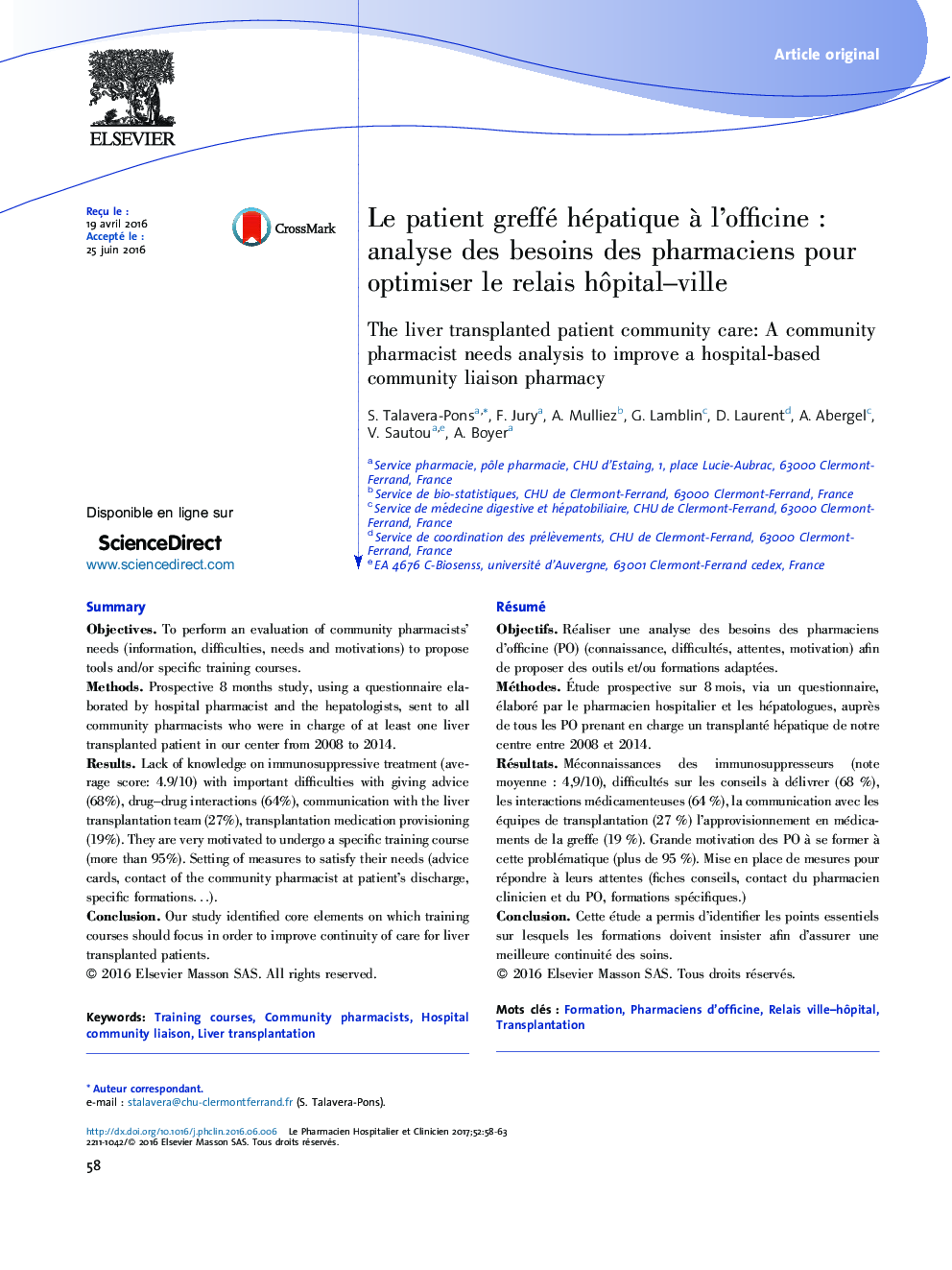 Le patient greffé hépatique Ã  l'officineÂ : analyse des besoins des pharmaciens pour optimiser le relais hÃ´pital-ville