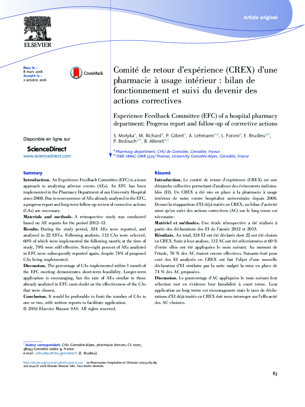 Comité de retour d'expérience (CREX) d'une pharmacie Ã  usage intérieurÂ : bilan de fonctionnement et suivi du devenir des actions correctives