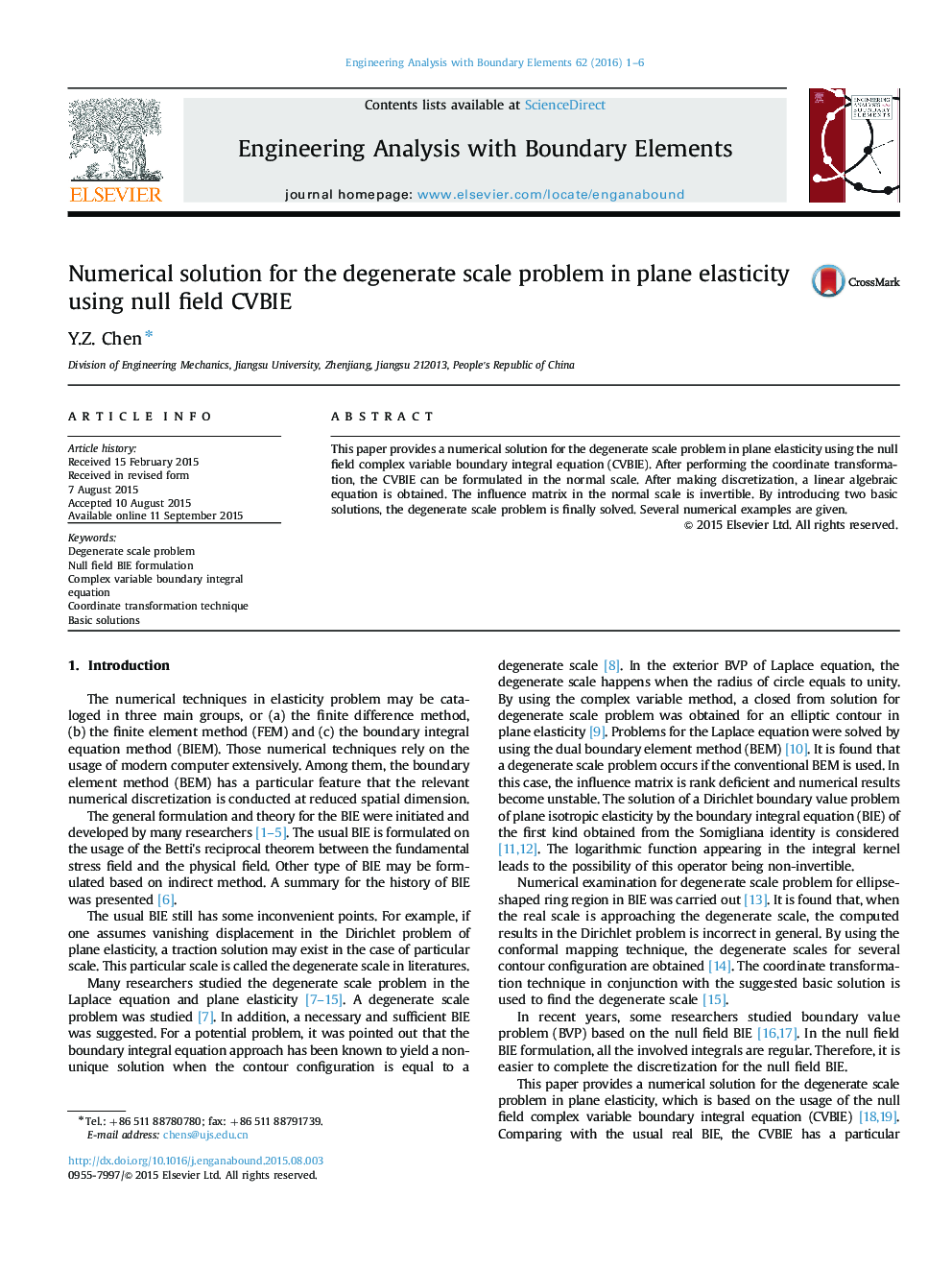 Numerical solution for the degenerate scale problem in plane elasticity using null field CVBIE