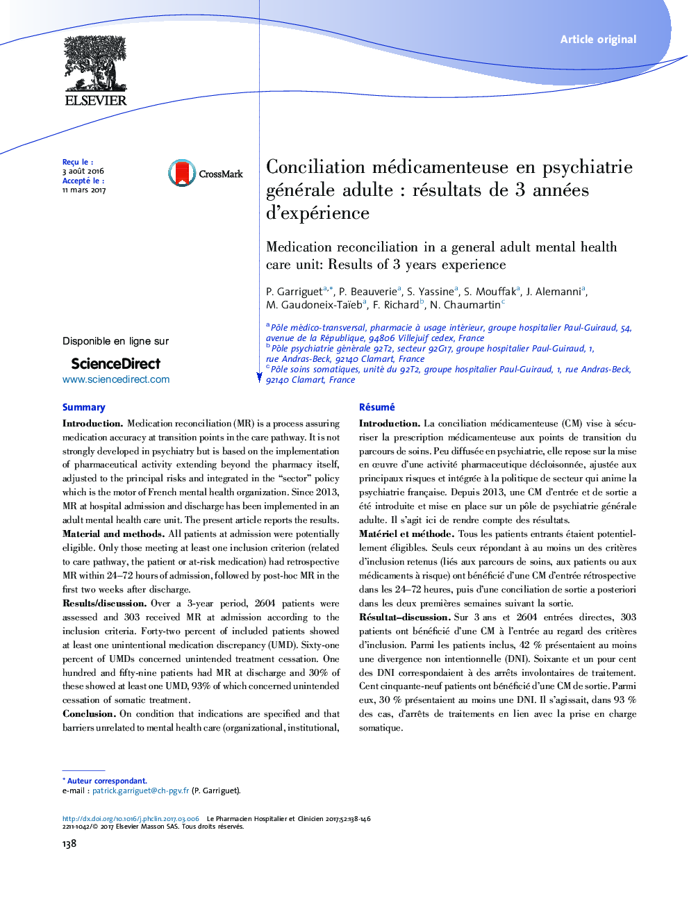 Conciliation médicamenteuse en psychiatrie générale adulteÂ : résultats de 3Â années d'expérience