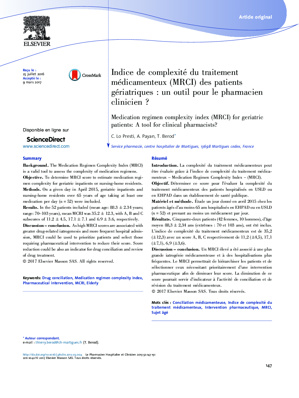 Indice de complexité du traitement médicamenteux (MRCI) des patients gériatriquesÂ : un outil pour le pharmacien clinicienÂ ?