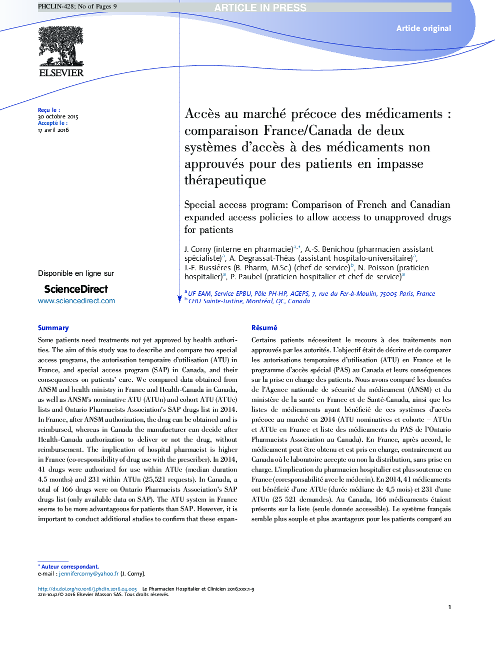 AccÃ¨s au marché précoce des médicamentsÂ : comparaison France/Canada de deux systÃ¨mes d'accÃ¨s Ã  des médicaments non approuvés pour des patients en impasse thérapeutique