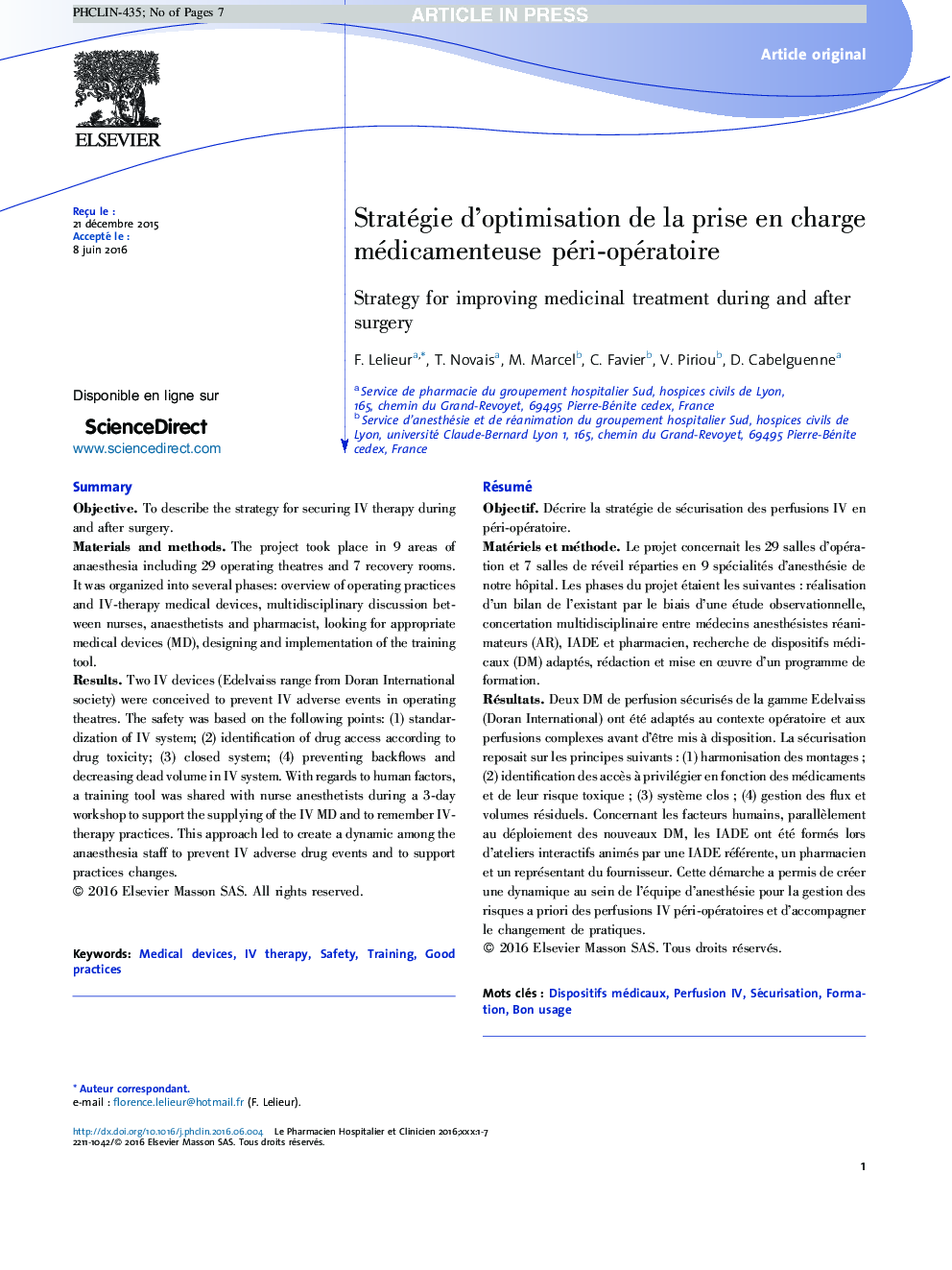 Stratégie d'optimisation de la prise en charge médicamenteuse péri-opératoire