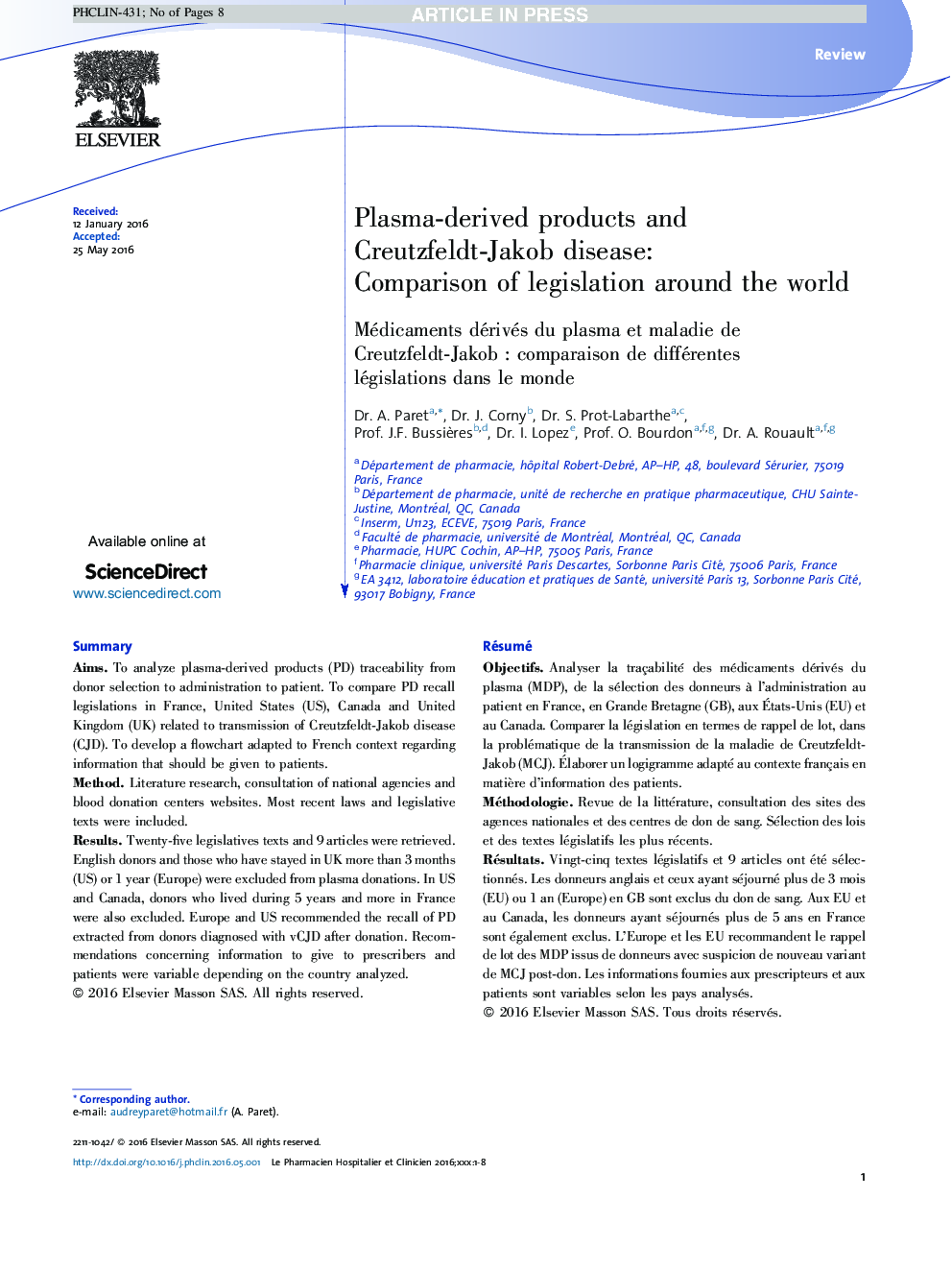Plasma-derived products and Creutzfeldt-Jakob disease: Comparison of legislation around the world