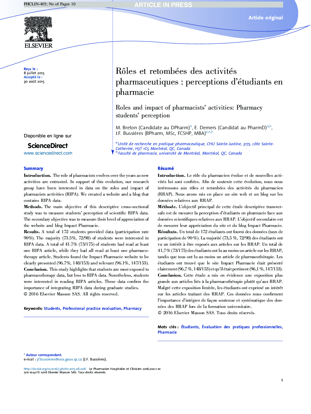 RÃ´les et retombées des activités pharmaceutiquesÂ : perceptions d'étudiants en pharmacie