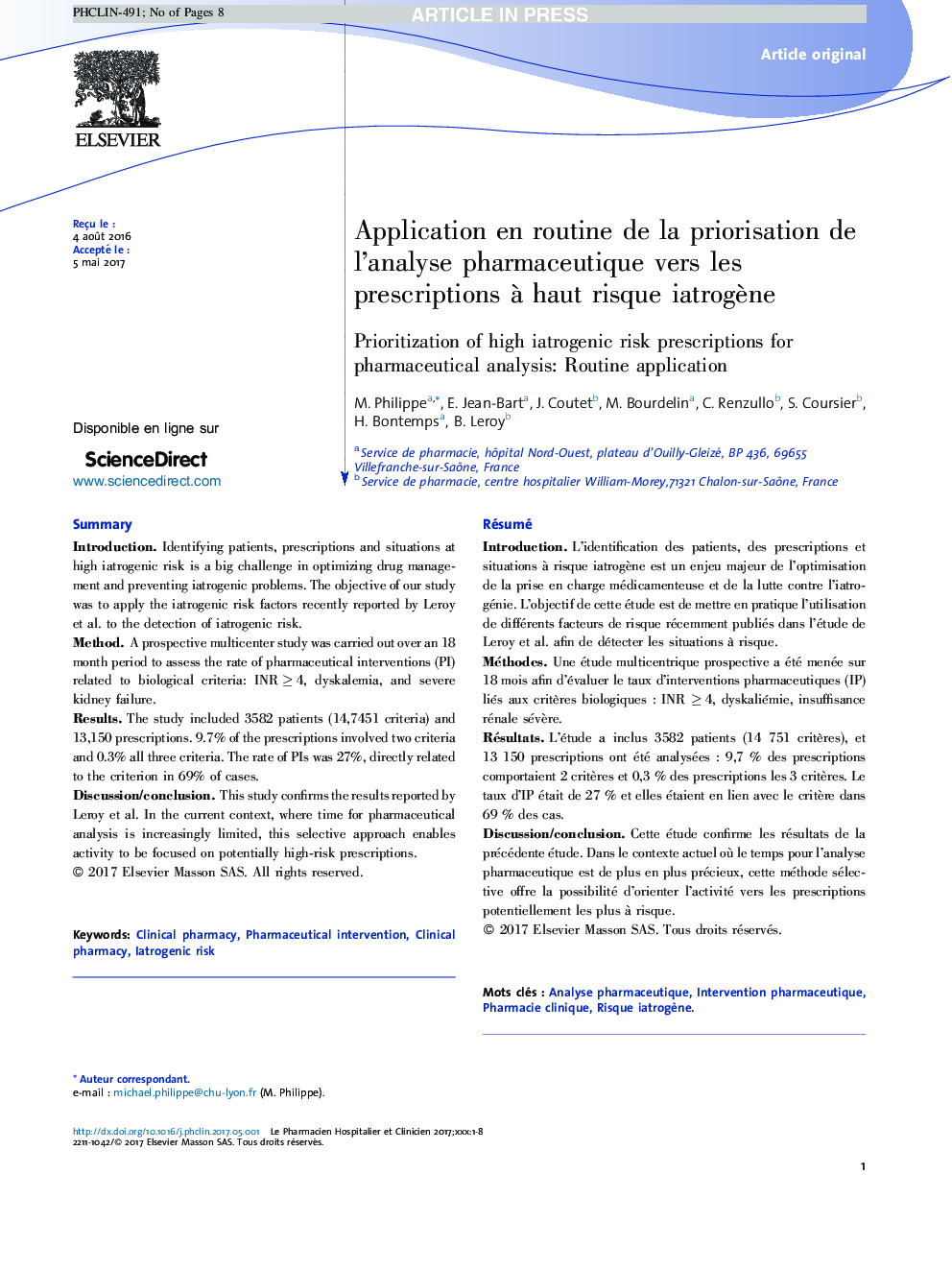 Application en routine de la priorisation de l'analyse pharmaceutique vers les prescriptions Ã  haut risque iatrogÃ¨ne