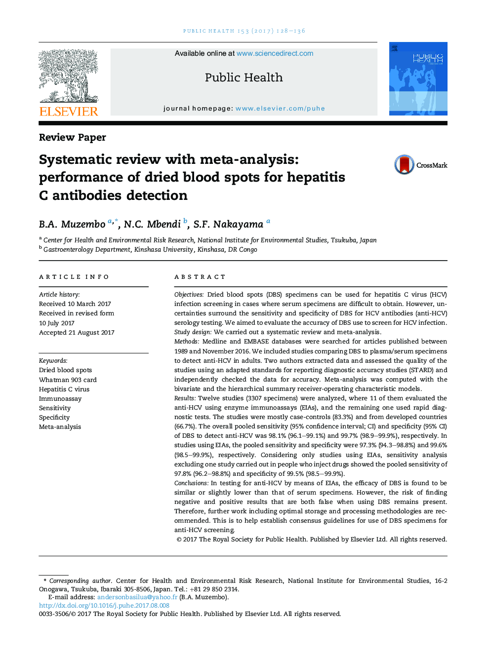 Systematic review with meta-analysis: performance of dried blood spots for hepatitis CÂ antibodies detection