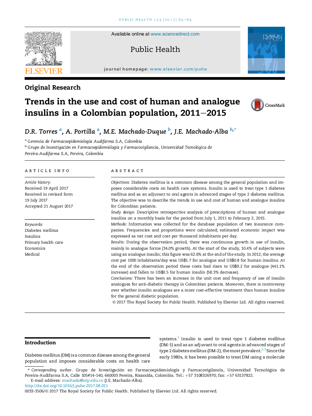 Trends in the use and cost of human and analogue insulins in a Colombian population, 2011-2015