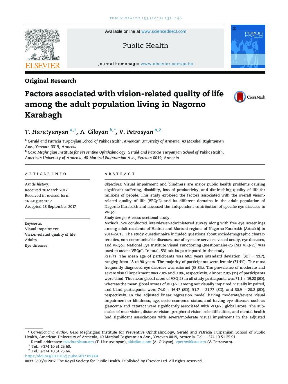 Factors associated with vision-related quality of life among the adult population living in Nagorno Karabagh